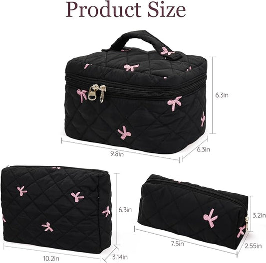 3Pcs Cotton Quilted Makeup Bag Set,Large Floral Cosmetic Bag，Aesthetic Toiletry Travel Makeup Bag Set and Cute Flower Bag for Women Girls (Black Pink Bow)