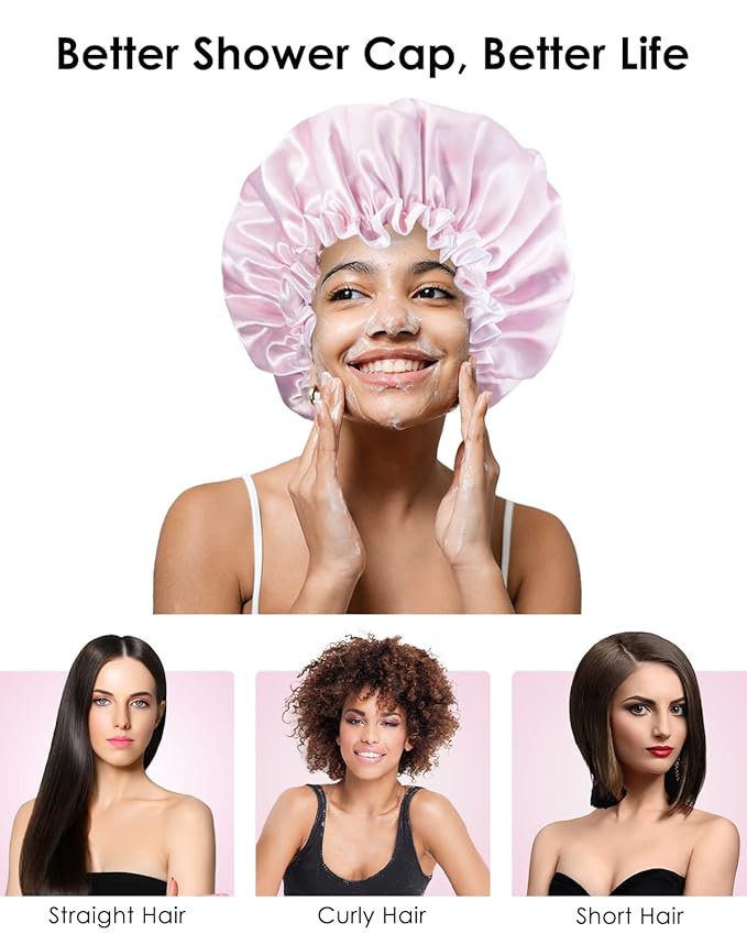 Aquior Shower Caps, Reusable Shower Cap for Women, Double Layer Waterproof Bonnet Hair Cap, Large Size for All Hair Lengths,for Girls Spa Home Salon Use (Pink Cloud)
