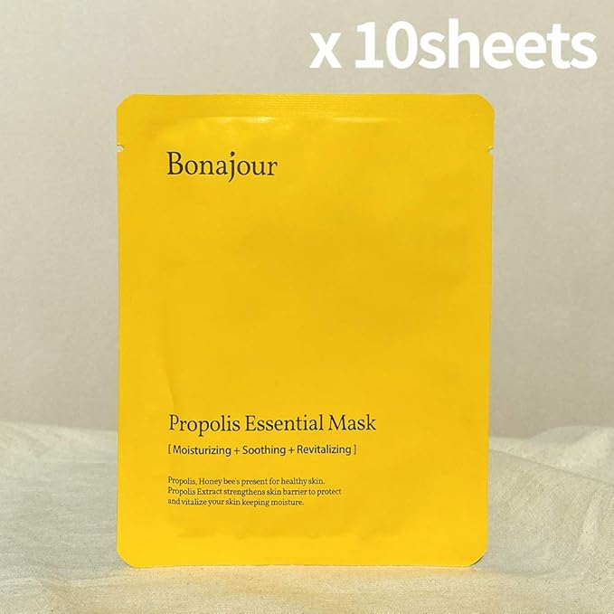 BONAJOUR] Natural Propolis Facial Moisturizing Sheet Mask (10sheet) - Strengthening skin barrier & Soothing Acne Skin, Revitalizing