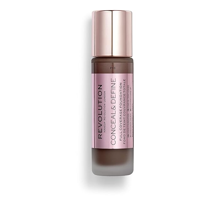 Makeup Revolution Conceal and Define Foundation, Full Coverage & Matte Finish, F18 for Dark Skin Tones, Vegan & Cruelty-Free, 0.7 Fl Oz