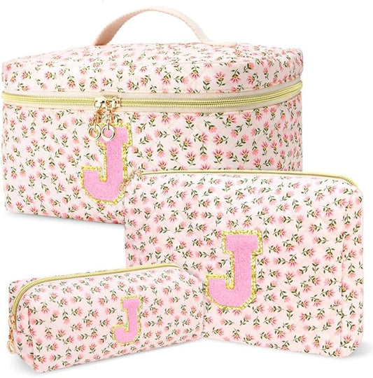 3 PCS Travel Makeup Bag Set, A-Z Initials Cotton Make up Bag Floral Quilted Cosmetic Bag for Girls and Women, Personalized Cute Toiletry Bag Travel Accessories Brushes Bag Flower - J