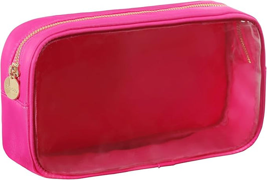Medium Preppy Transparent Makeup Pouch Women Travel Clear TPU and Nylon Cosmetic Pouch (Medium, HotPink)