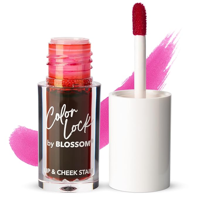 Blossom Lip Gloss Color Lock Lip Stain & Tint, Hydrating, Longlasting, Buildable, Non Drying, Smudgeproof + Transfer Proof, Made in USA with Doe Foot Applicator, 0.14oz, Poppin' Pink
