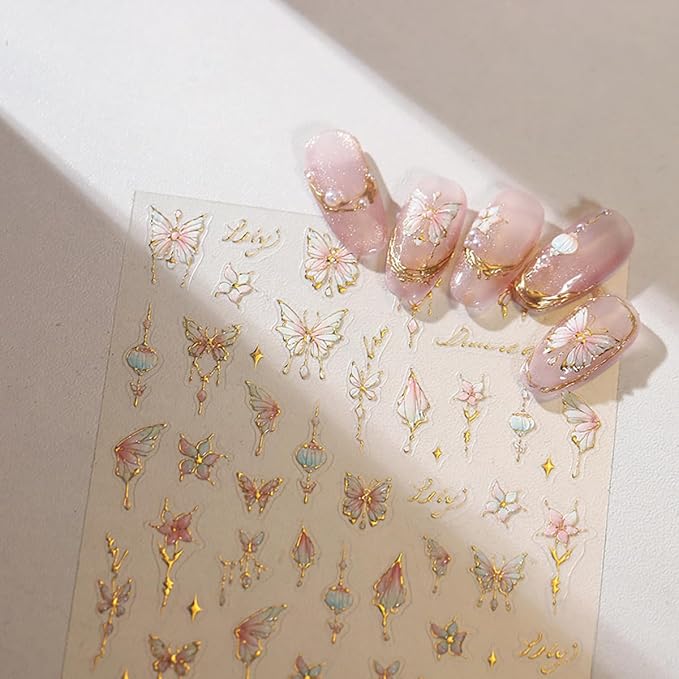 1 Sheets 5D Bronzing Butterfly Nail Stickers for Nail Art Pink Flower Nail Art Stickers Self Adhesive Summer Floral Butterflies Design Nail Decals Supplies for Women Girl DIY Manicure Decor