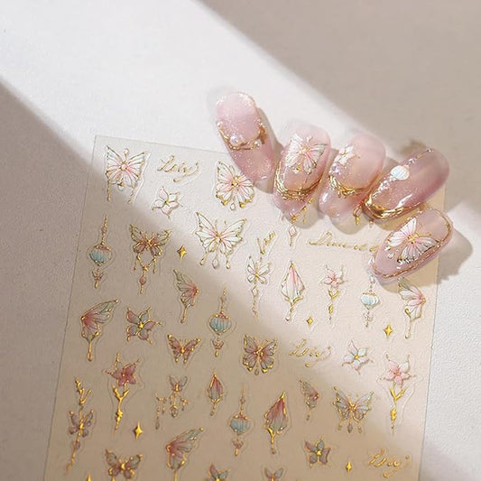 1 Sheets 5D Bronzing Butterfly Nail Stickers for Nail Art Pink Flower Nail Art Stickers Self Adhesive Summer Floral Butterflies Design Nail Decals Supplies for Women Girl DIY Manicure Decor