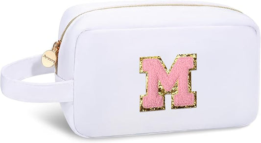 Aveniee Gifts for Teen Girls,Monogram Initial Makeup Bag for 5–16-Year-Olds,Personalized Christmas Birthday Gifts,Stocking Stuffers,Trendy Travel Toiletry Bag-White M