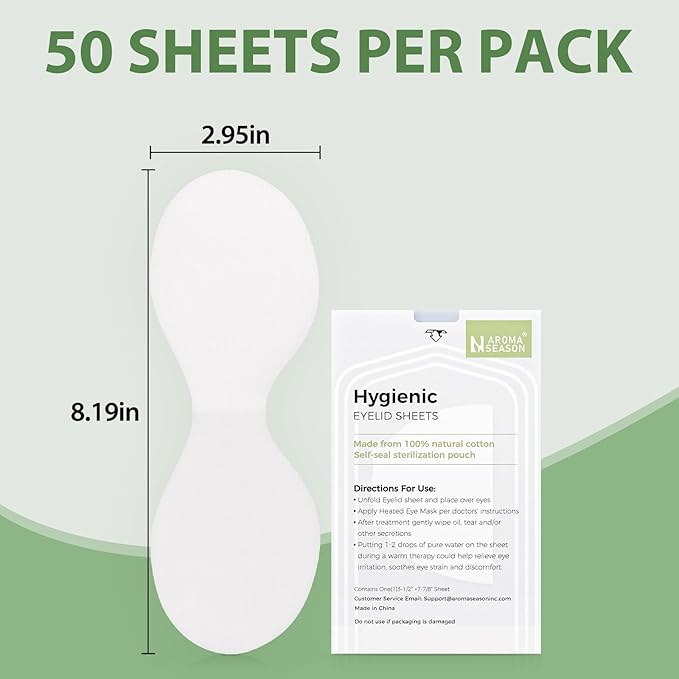 Aroma Season 100% Natural Cotton Hygienic Eyelid Sheets, Perfect for Use with Aroma Season Heated Eye Mask, Warm Eye Compress, Individually Wrapped Untreated Sheets 50 Count Box