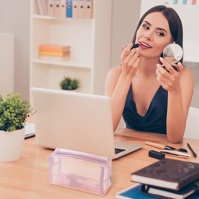 6 Pieces Mesh Makeup Bags Mesh Cosmetic Bag Portable Travel Organizing Zipper Pouch Toiletries Makeup Pouches for Home Office Travel Accessories (Light Pink)