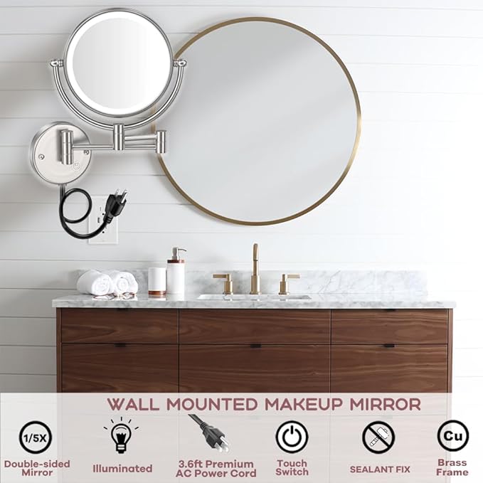 8" Brass Lighted Wall Mounted Makeup Mirror, 360° Swivel Extendable,Bathroom Mirror Double-Sided 1X/5X Magnification LED Vanity Mirror, Touch Dimming, Brushed Nickel, Plug Powered