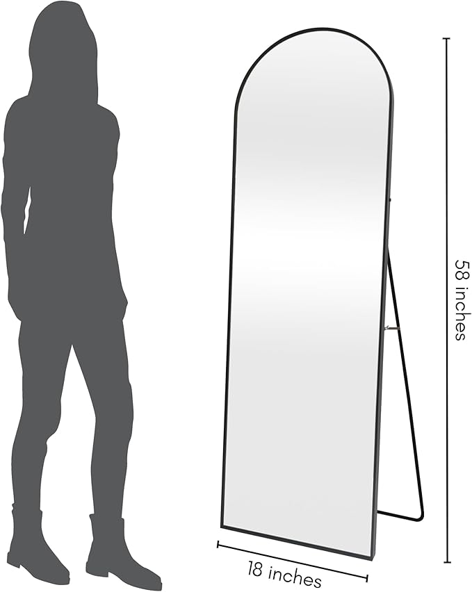 Americanflat 18x58 Arched Mirror with Stand- Large Hanging Mirrors with Aluminum Frame - Modern Mirror for Bathroom, Bedroom, Living Room - Mirrors for Wall Display and Home Decor - Black