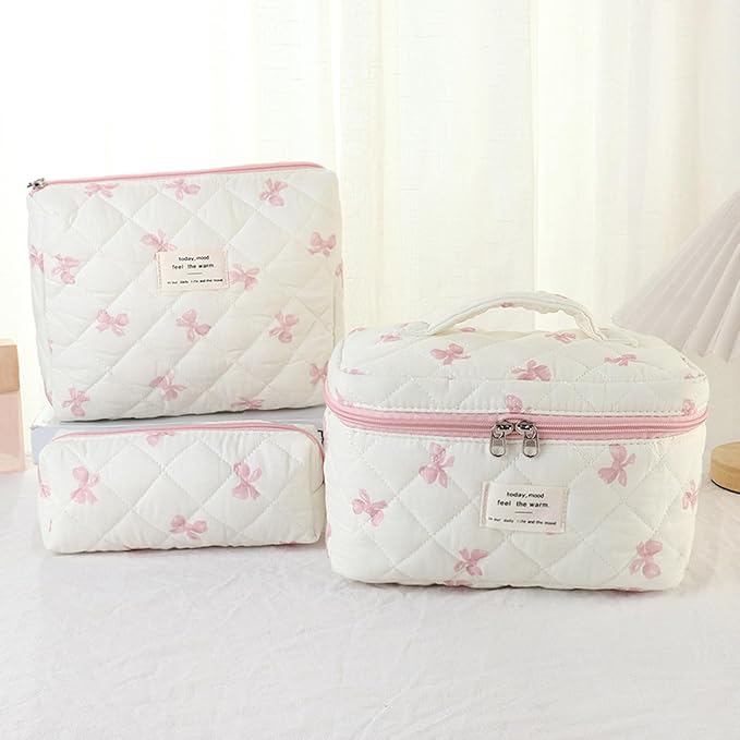 3 Pcs Quilted Makeup Bag Set,Coquette Bow Make up Bag,Cute Floral Makeup Bags Large Travel Toiletry Cosmetic Bag Organizer for Women Girls (L-3PCS)