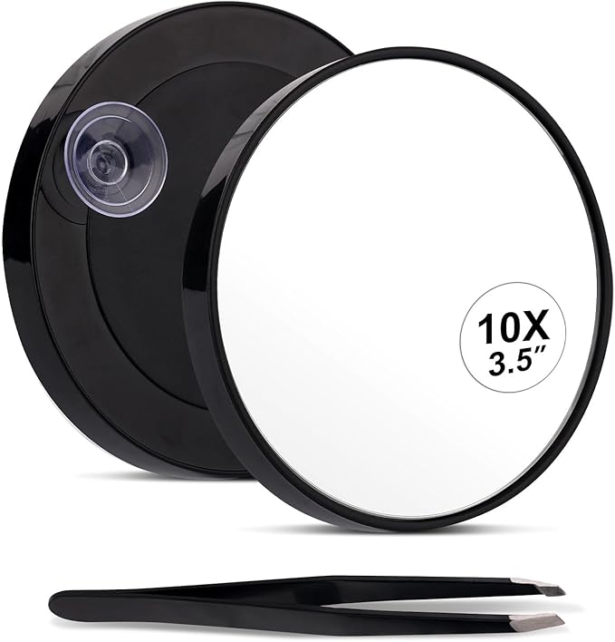 10x Magnifying Mirror, Easy Mounting 10x Magnifying Mirror with Suction Cups and Tweezers Magnifying Makeup Mirror Small for Travel Stick on Shower Mirror for Men Women, 3.5 Inch, Black