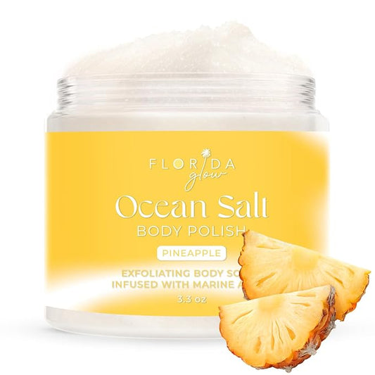 Sea Salt Body Scrub by Florida Suncare - Ocean Salt Body Polish Infused with Marine Algae - Exfoliating Face and Body Scrub - Facial Scrub Exfoliator to Tackle Acne (Pineapple, 3.3 oz)