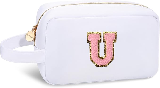 Aveniee Monogram Travel Makeup Bag for Women,Initial Cosmetic Bag Toiletry Pouch,Personalized Halloween Christmas Birthday Gifts for Women Mom Teacher Sister-White U
