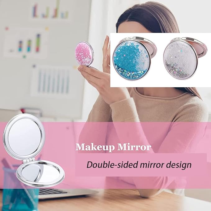 AKOAK 1 Pack Compact Mirror, Portable Quicksand Pocket Travel Makeup Mirror, Folding Hand-held Double Sided 1x/2x Magnifying Glass, Great Gift for Women and Girls (Pink)