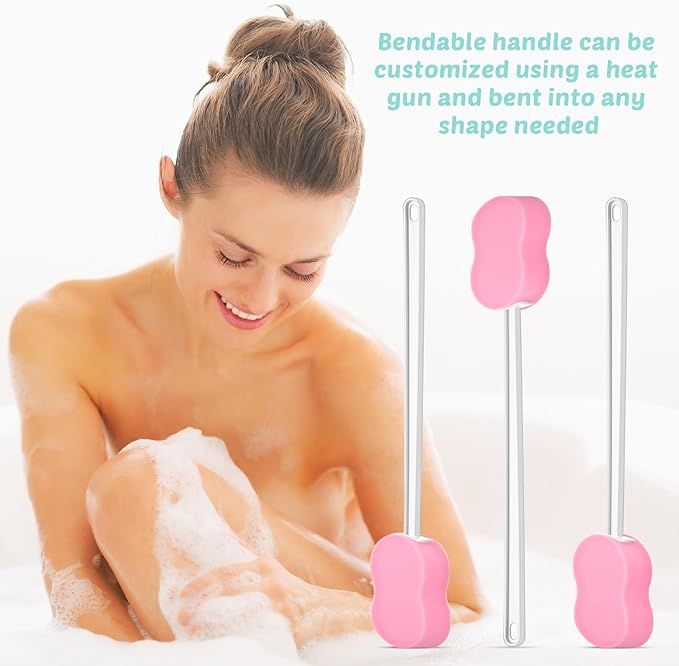 3 Pcs Long Handle Bath Sponge 22.4'' Back Sponge on a Stick Lightweight Back Washer Handled Butt Scrubber Shower Brush for Foot Body Cleaning Bathing Limited Motion(Pink)