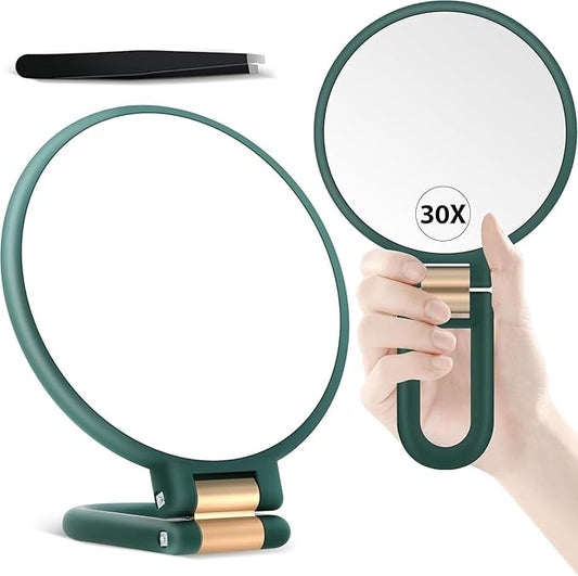30x Magnifying Mirror Double Side Handheld Mirror 30X/1X Magnifying Hand Mirror with Stand Foldable Travel Mirror Makeup Mirror for Desk Women (Green)