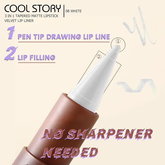 Matte Lip Liner and Lipstick Crayon Shape And Tapered Tip for Perfect Contour and Gradient Effect Waterproof Eyeliner Lip Pencil 3-in-1 Makeup Lip Combo, White 8#