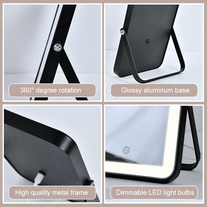 Black Rechargeable Makeup Vanity Mirror with Lights, Small Desk Makeup Mirror with Lights, 3 Lighting Modes, Dimmable Touch Screen, Tabletop Light up Mirror