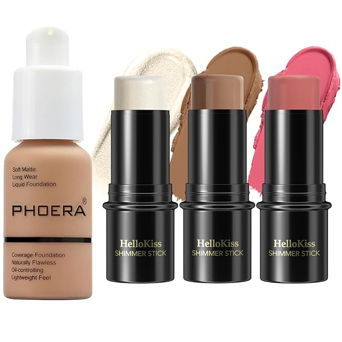 Hilareco PHOERA Foundation,3 PCS Contour Stick Makeup Kit,Shades with Highlighter Stick,Blush Stick and Bronzer Contour (105+ Medium Contour/Sand+#04,#07,#14)