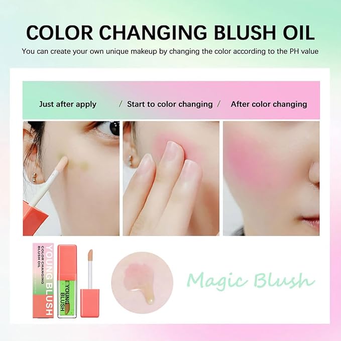 Color Changing Blush Oil, Skin's Natural PH Changing Blush for Dewy, Lightweight & Waterproof & Moisturizing Formula, Lasting Hydrating Rouge for All Skin, Easy To Blend, 6.5ml (Clear Green)