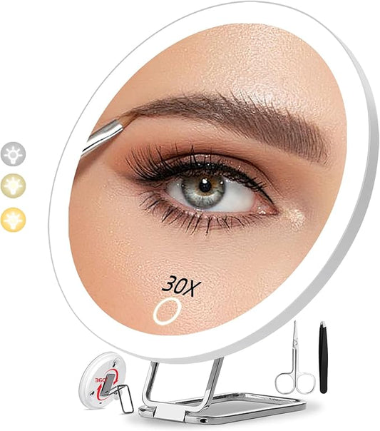 6" 30X Magnifying Mirror with Light Suction Cup,Led Close up Mirror for Checking Pores with 360° Stand,3 Color Lighted Personal Mirror 30X,30 Times High Magnification Concave Mirrors