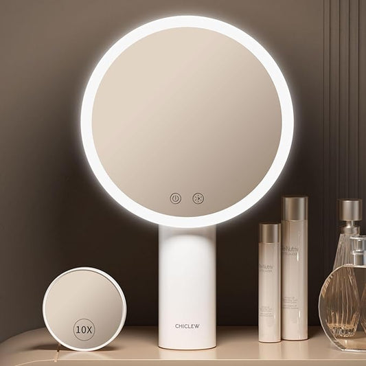 8.9" Lighted Makeup Mirror with 3 Colors, 1X/10X Touch Screen Magnifying Mirror with Light, Rechargeable Table Light up Mirror with Adjustable Stand, Brightness Dimmable Vanity Mirror