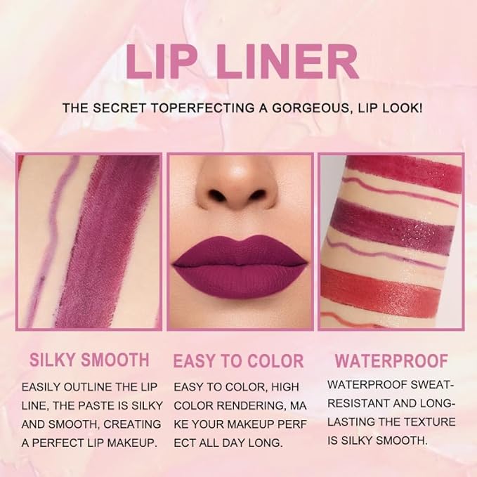 BINGBRUSH 2 IN 1 Lip Liner & Lipstick Makeup Set, Dark Red Matte Metallic Lipliner Set for Black Mature Women Waterproof Long Lasting Gift Set (3Pcs Set03:02#05#08#, 3Pcs)