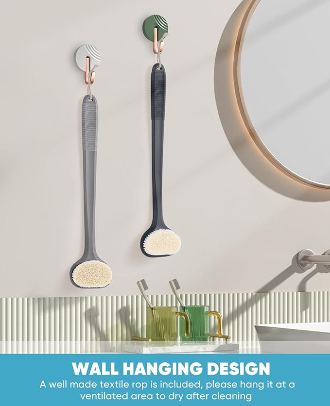 Back Scrubber for Shower with 17" Long Handle, Non-Slip Grip Shower Brush, Moderate Bristles Body Brush for Gentle Exfoliation, Back Brush for Shower Men & Women – Grey