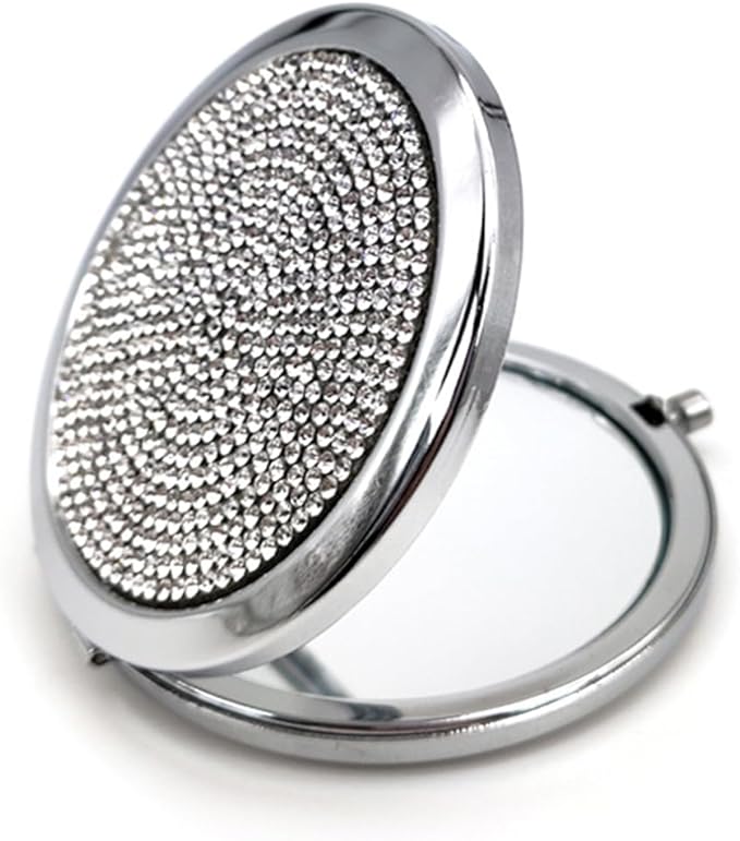 2pcs Magnifying Compact Mirrors 1X 2X Purse Pocket Makeup Mirror Folding Travel Mirrors Sturdy Metal with Diamonds Foldable Mini Round Cosmetic Mirror 2.75 Inch Gifts for Women Girls (Silvery)