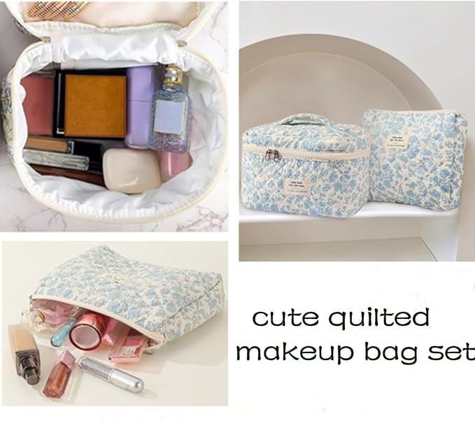 2 Pcs Quilted Makeup Bag,Cotton Coquette Make up Bag Set,Floral Cute Makeup Bags Large Travel Toiletry Cosmetic Bag Organizer for Women Girls (A)