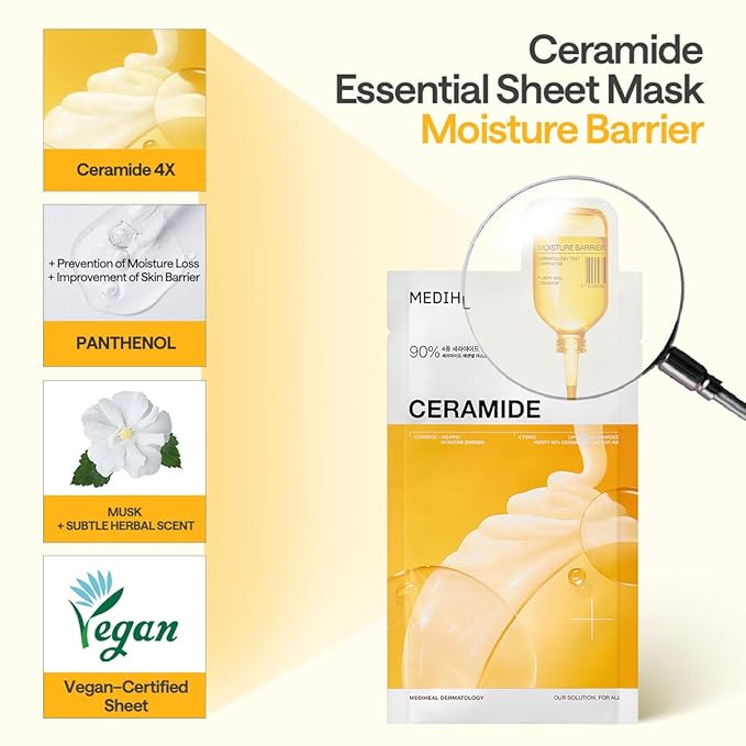 Mediheal Ceramide Essential Sheet Mask Moisture Barrier 10 pcs. 90% Ceramide & 4X Ceramide Liposome Technology for intense hydration and strengthening the barrier. Vegan formula.