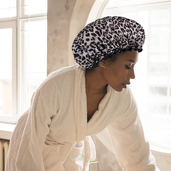 Aquior Shower Cap, Shower Cap for Women Reusable Waterproof, Large Bath Hair Cap for All Hair Lengths, Ladies, Men and Kids (Leopard)