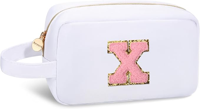 Aveniee Monogram Travel Makeup Bag for Women,Initial Cosmetic Toiletry Pouch,Travel Organizer,Friendship or Birthday Gifts for Women Sister Teacher-White X
