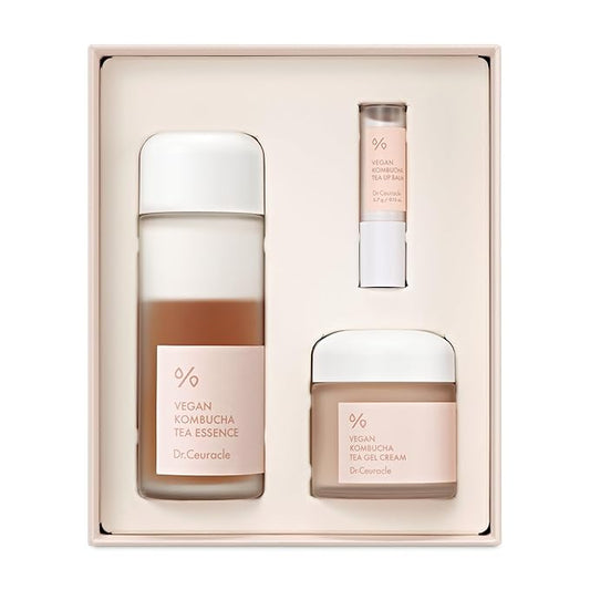 Dr.Ceuracle Vegan Kombucha Tea Special Set - Korean Skincare Set, Hydrating and Nourishing Gift Set included Essence, Gel Cream, Lip Balm