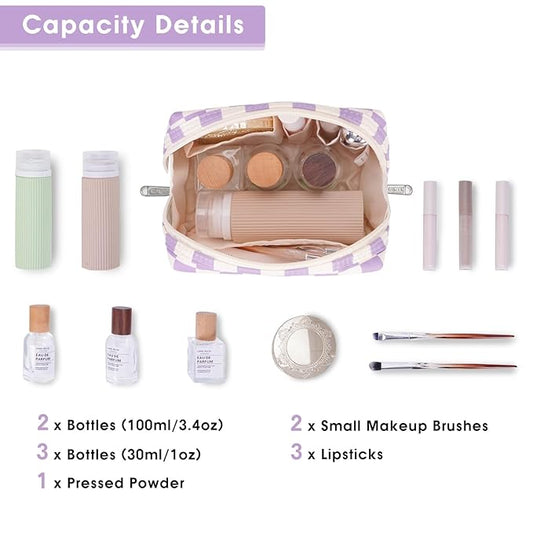 Narwey Small Checkered Makeup Bag for Purse Mini Cosmetic Bag Travel Makeup Pouch Zipper Pouch Cute Make up Bags with Compartments for Women Girls (Purple Checkerboard, Small)