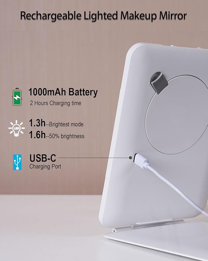 Rechargeable Travel Makeup Mirror with Lights, Portable Lighted Vanity 10X Magnification, 70 LEDs 3 Color Dimmable Touch Screen, Tabletop Folding Compact Cosmetic