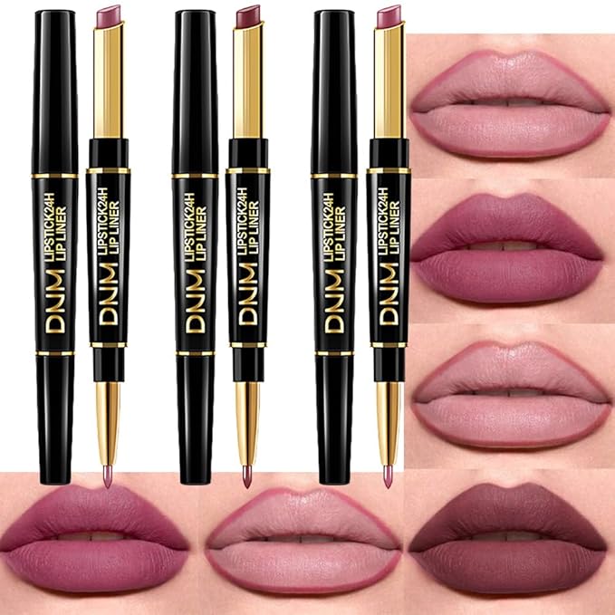 BINGBRUSH 2 IN 1 Lip Liner & Lipstick Makeup Set, Dark Red Matte Metallic Lipliner Set for Black Mature Women Waterproof Long Lasting Gift Set (3Pcs Set13-Matte:34#35#36#, 3Pcs)