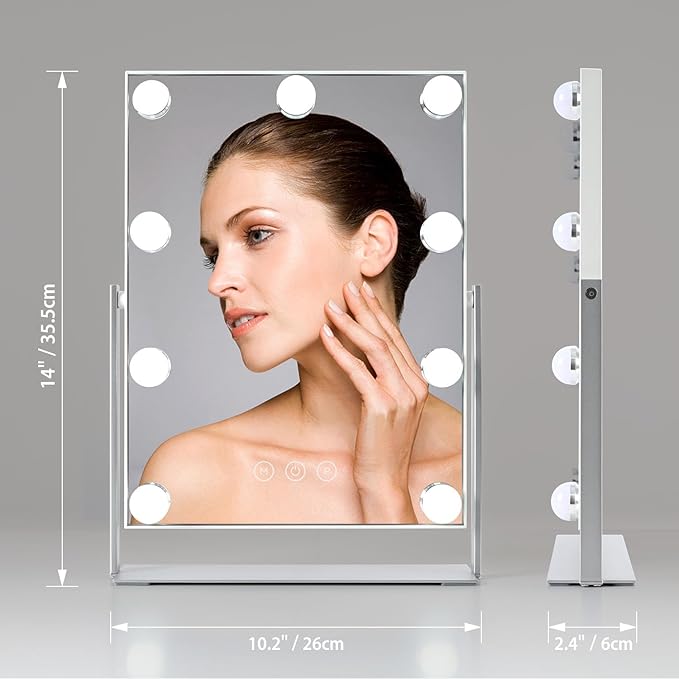 Vanity Mirror with Lights, Lighted Makeup Mirror with 9 Dimmable Bulbs, 3 Color Lighting Modes, Detachable 5X Magnification Mirror and 360 Degree Rotation