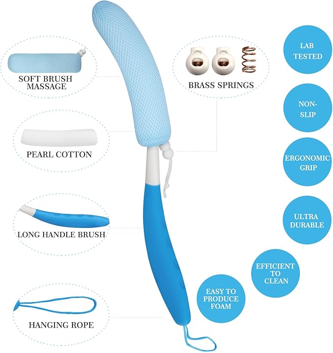 Long-Handle Back Bath Brush, with Anti-Slip Long-Handle Back Scrub net, is Used for Auxiliary Bath and Shower for The Elderly and People with Limited Activities (Black Blue)