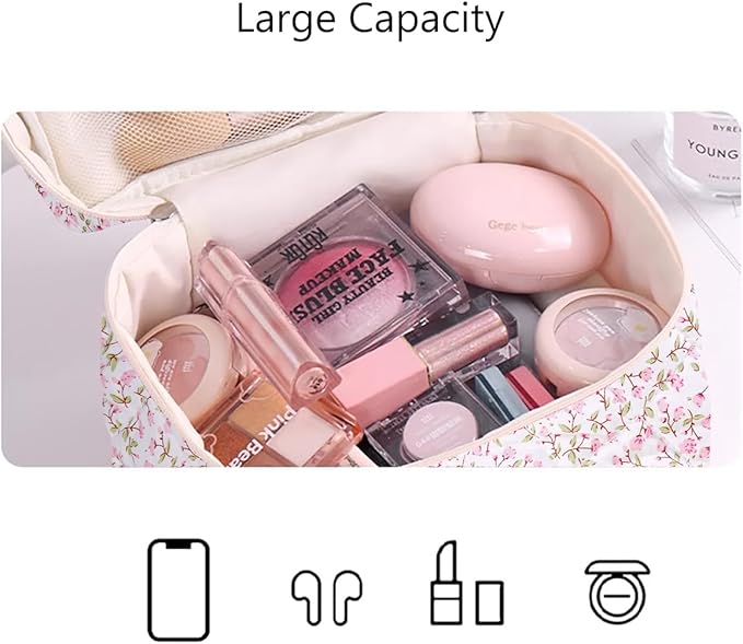 3PCS Makeup Bag Large Cosmetic Pouch Bag with Handle Cute Floral Small Makeup Bag for Purse, Quilted Cotton Skincare Storage Bag Travel Makeup Bag Set for Women, Bridesmaids, Gifts, Pink