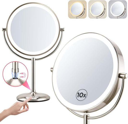 9 Inch Dual-Sided Magnifying Mirror with Lights - 1X/10X Brushed Nickel Makeup Mirror, Touch Control LED Vanity Mirror with Stand, Natural Light Tabletop Cosmetic Mirror for Bathroom