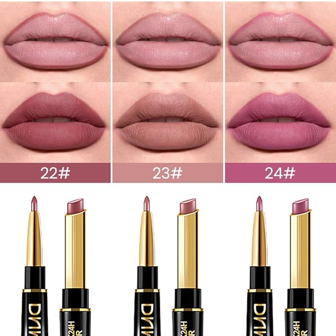 BINGBRUSH 2 IN 1 Lip Liner & Lipstick Makeup Set, Dark Red Matte Metallic Lipliner Set for Black Mature Women Waterproof Long Lasting Gift Set (3Pcs Set09-Matte:22#23#24#, 3Pcs)