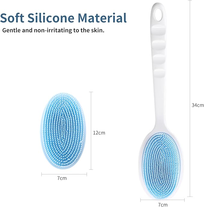 2-in-1 Silicone Body Brush with Detachable Long Handle, Double-Sided Back Scrubber for Bath with Hook, Rich Foam for Deep Cleansing and Exfoliating(Blue/Round)