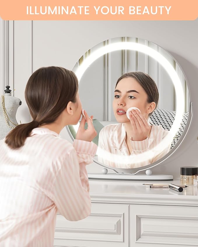 19 Inch Vanity Mirror with Lights, Round Large LED Vanity Mirror with Smart Touch 3 Colors Dimmable, Touch Lighting, 360° Rotation for Dressing Room and Bedroom Tabletop, Easy Assembly(white)