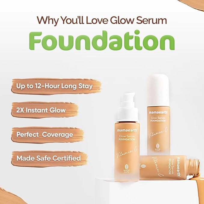 Mamaearth Glow Serum Foundation - 01 Ivory Glow Shade | with Vitamin C & Turmeric | Up to 12 Hour Buildable Coverage | Waterproof & Lightweight | 1.01 Fl Oz (30ml)