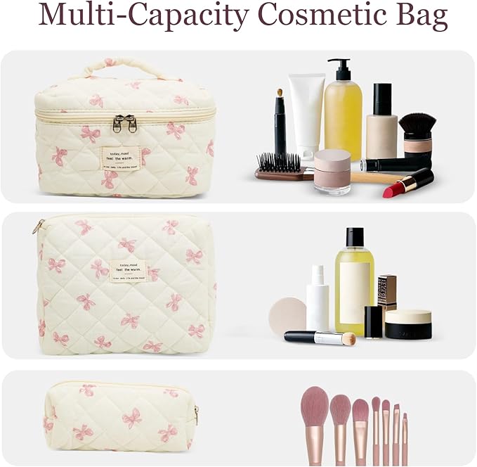 3Pcs Cotton Quilted Makeup Bag Set,Large Floral Cosmetic Bag，Aesthetic Toiletry Travel Makeup Bag Set and Cute Flower Bag for Women Girls (White Pink Bow)