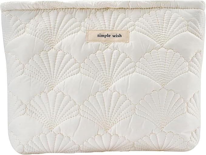 1PCS Quilted Cotton Makeup Bag Portable Travel Bag Cosmetic Bag Aesthetic Shell Toiletry Organizer Case Pouch Bag For Women Girls Pure White Color