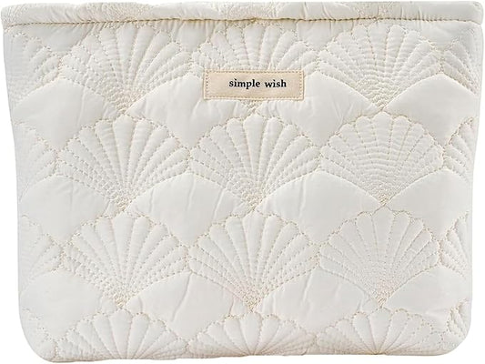 1PCS Quilted Cotton Makeup Bag Portable Travel Bag Cosmetic Bag Aesthetic Shell Toiletry Organizer Case Pouch Bag For Women Girls Pure White Color