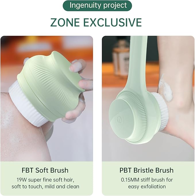 Electric Body Brush Skin Cleaning Scrubber with Handle Exfoliating 2 Brush Heads and 2 Speed and IPX68 Water Resistant Detachable Rechargeable Drop Proof for Men and Woman(Green)